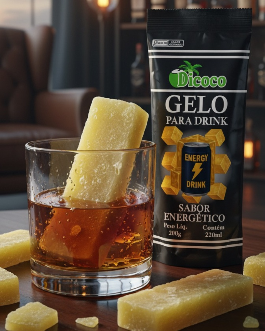 Drink com gelo sabor energético Dicoco em ambiente de bar sofisticado