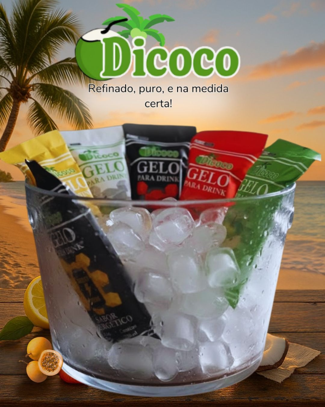 Dicoco - Balde de gelo com produtos coloridos em ambiente tropical