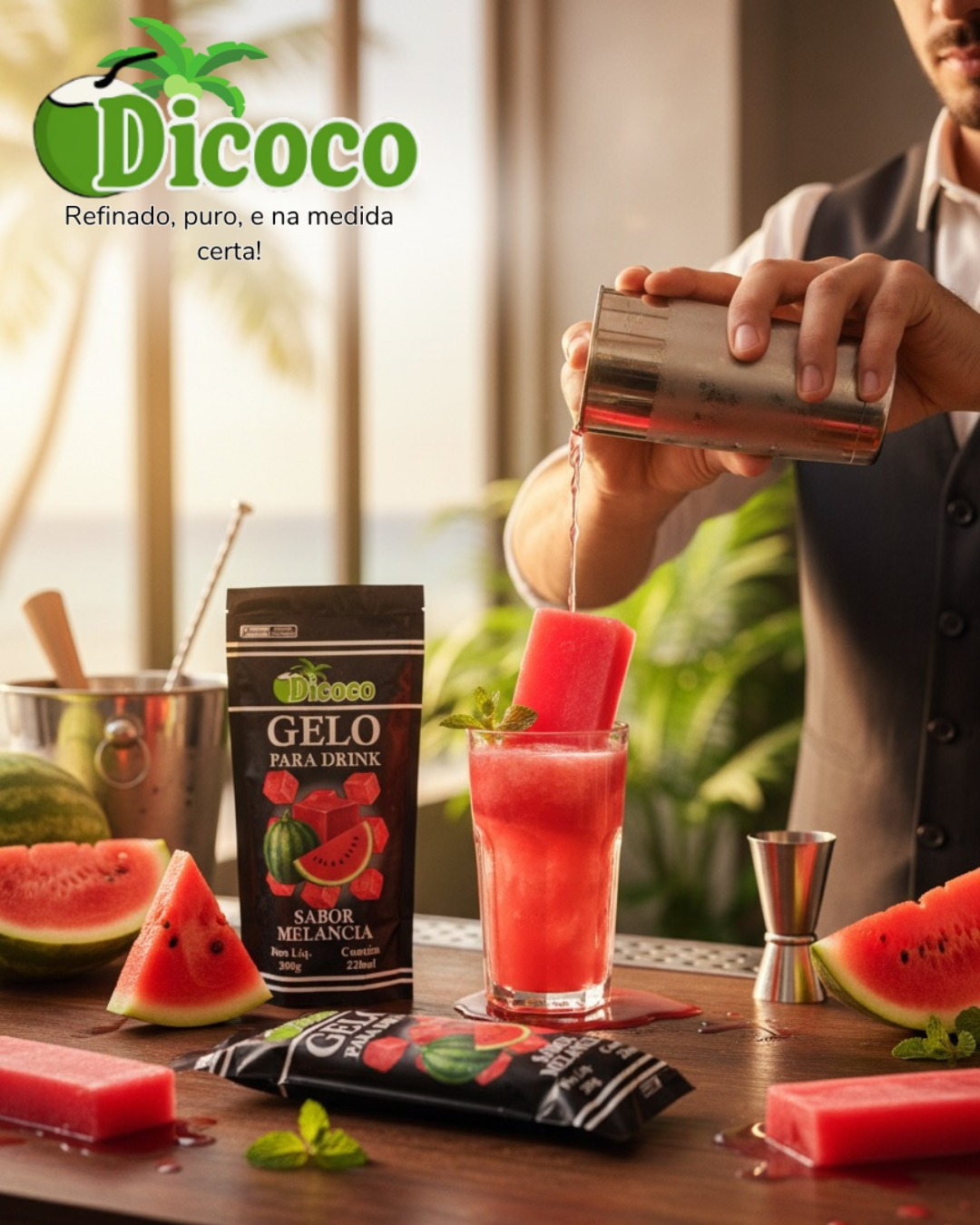 Bartender preparando drink de melancia com gelo saborizado Dicoco