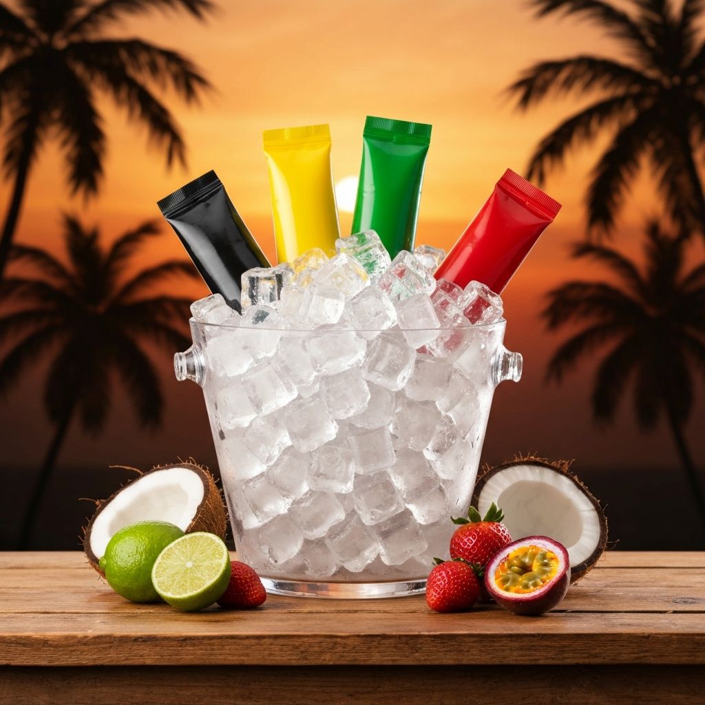 Balde de gelo com produtos Dicoco em ambiente tropical